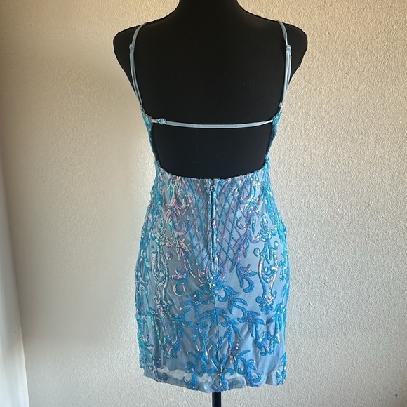 Blue Sequin Mini Dress Backless Size Medium - Picture 4 of 8